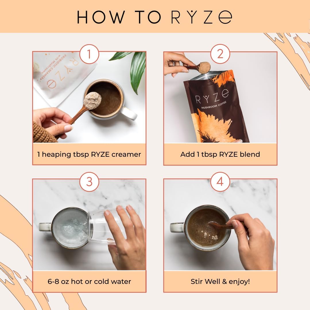 RYZE Mushroom Coffee Creamer with Probiotics & 6 Mushrooms, 30 Servings