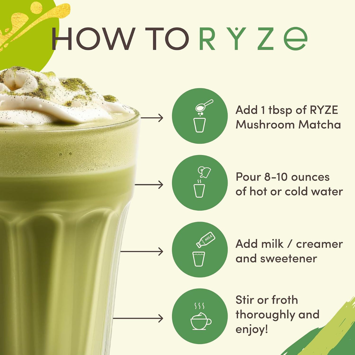 RYZE Organic Mushroom Matcha with 6 Adaptogenic Mushrooms, 30 Servings