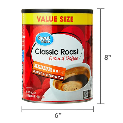 Great Value Classic Roast Ground Naturally Caffeinated Coffee, 9.6 oz Canister