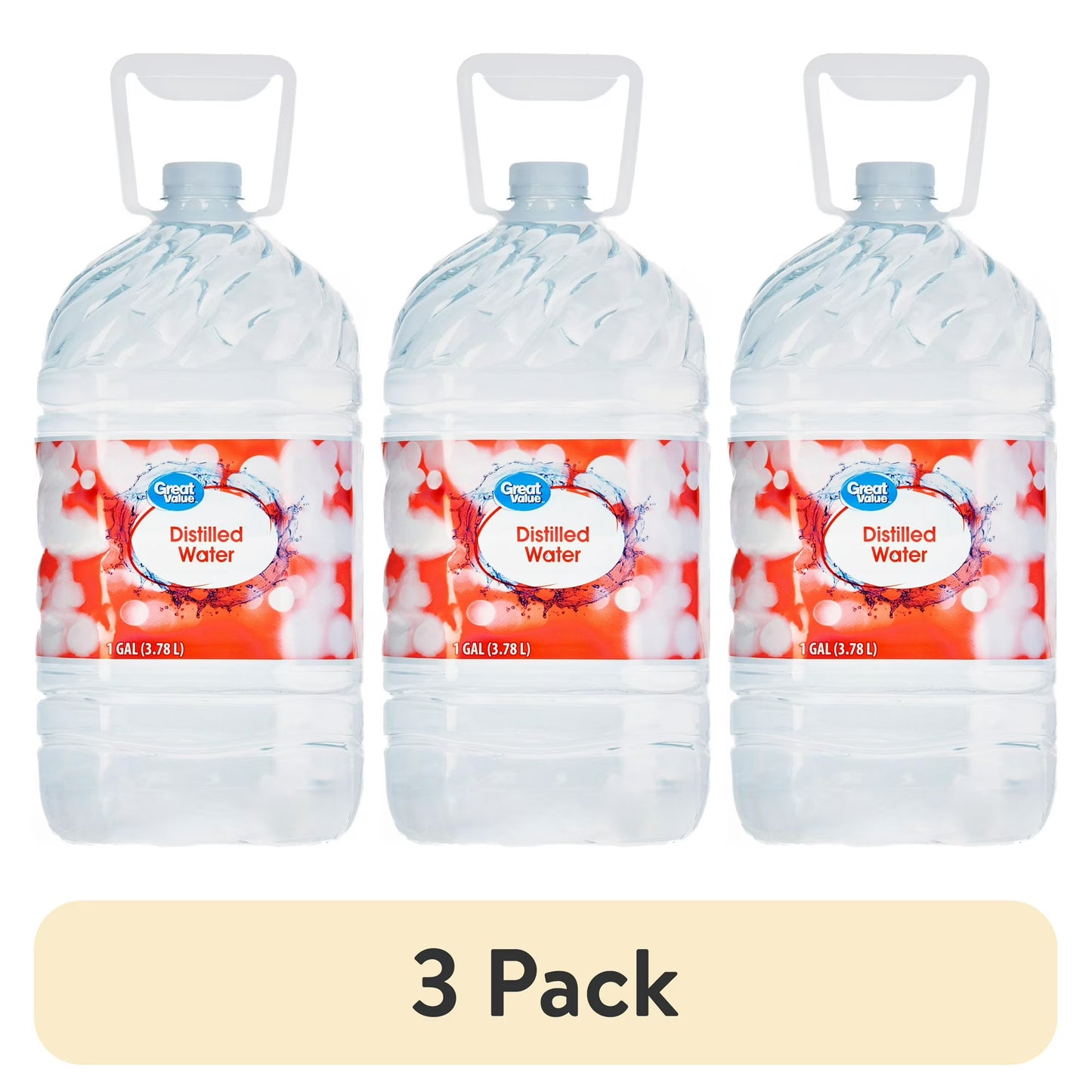 Great Value Distilled Water, 1 Gallon (128 fl oz) Jugs, 3 Pack, High-Purity Distilled Water for Household & Everyday Use
