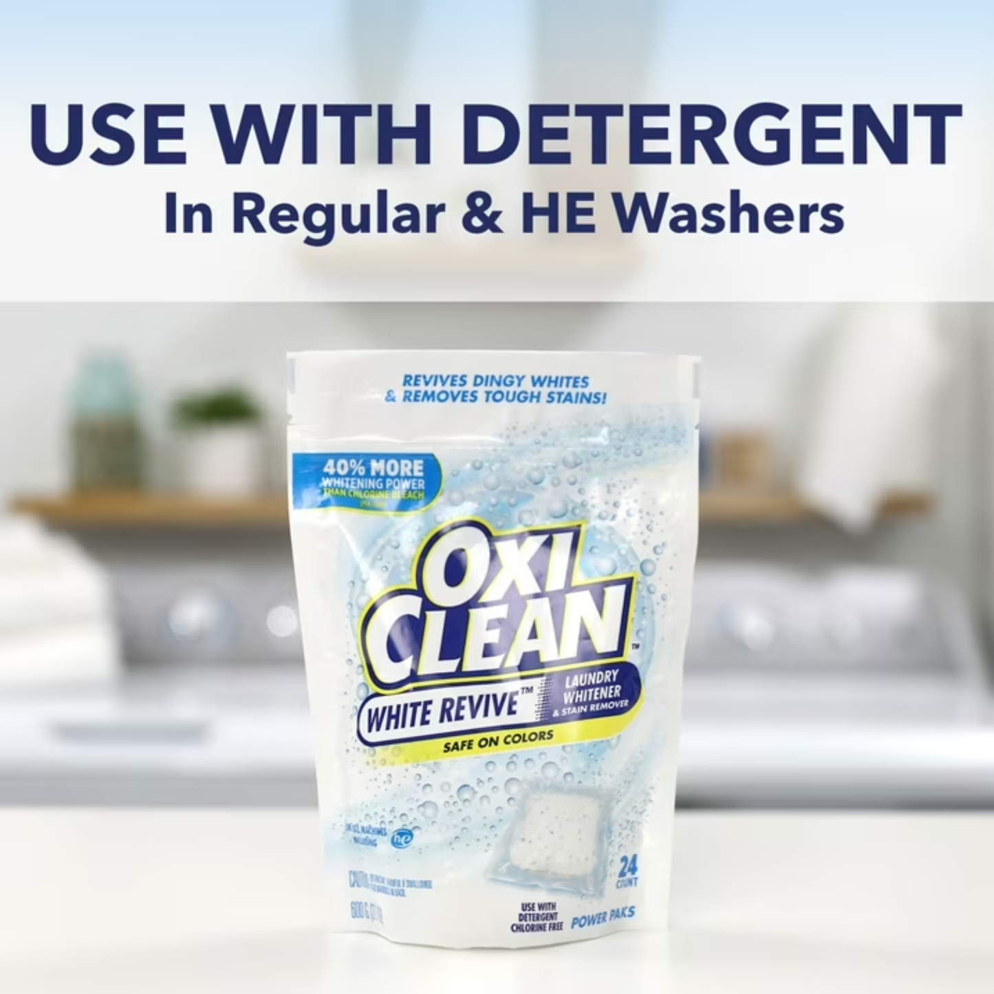 OxiClean White Revive Laundry Whitener & Stain Remover Power Paks, Chlorine-Free Whitening Formula, 24 Count per Pack, 2 Pack (48 Total Paks)