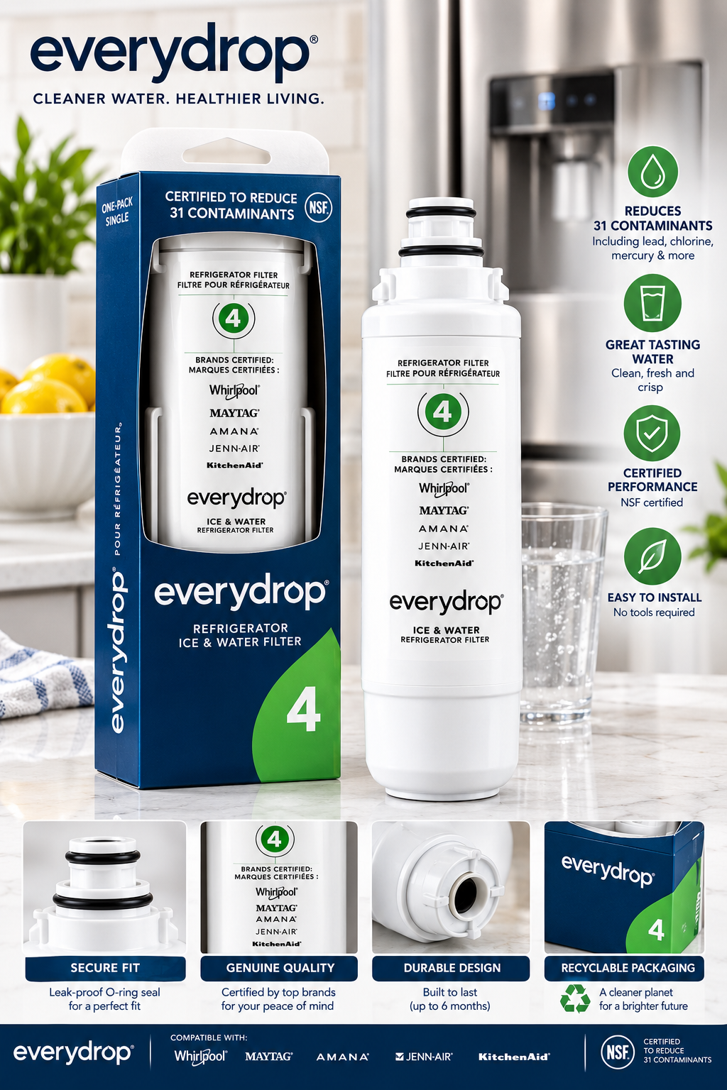 everydrop by Whirlpool Ice & Water Refrigerator Filter 4, Green, EDR4RXD1