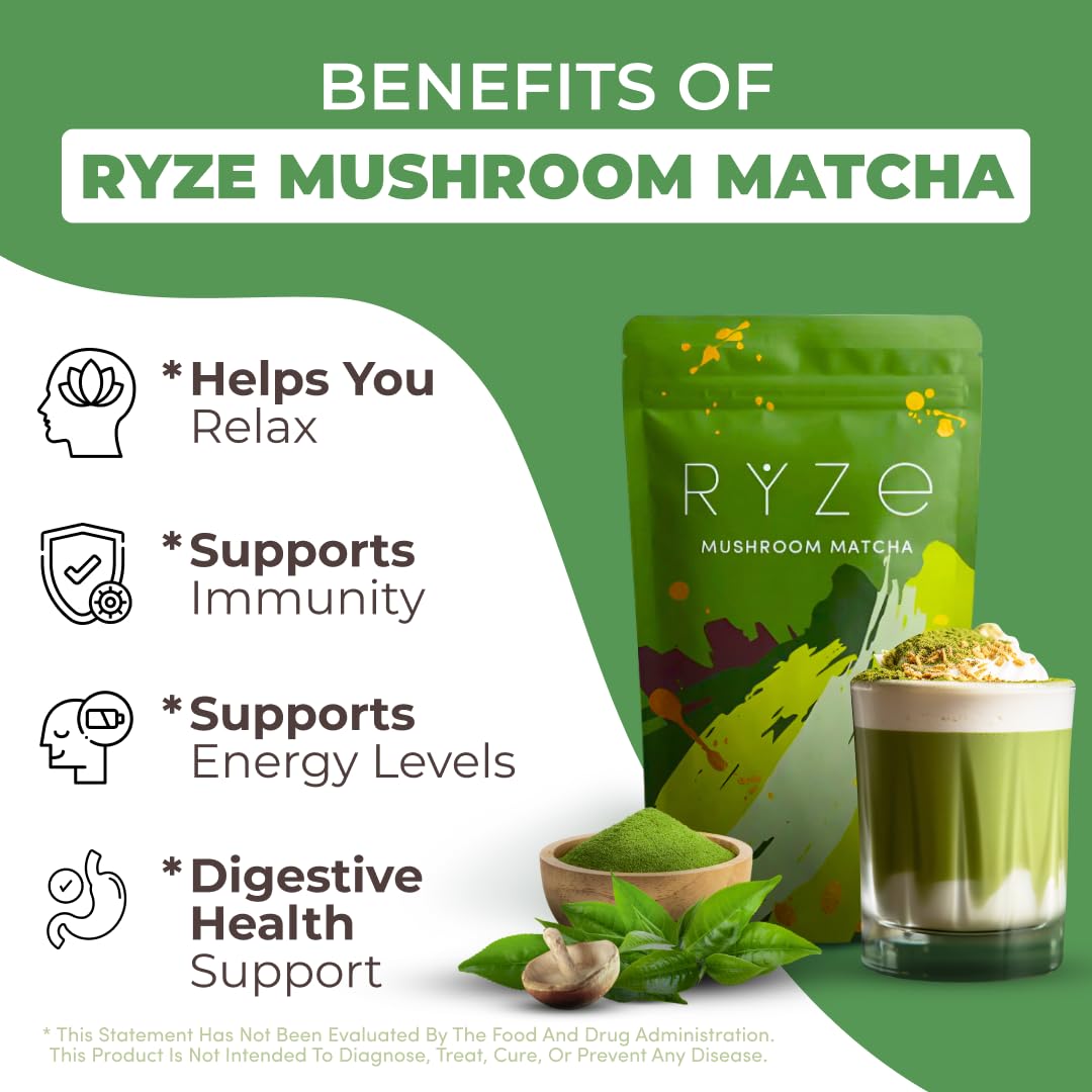 RYZE Organic Mushroom Matcha with 6 Adaptogenic Mushrooms, 30 Servings