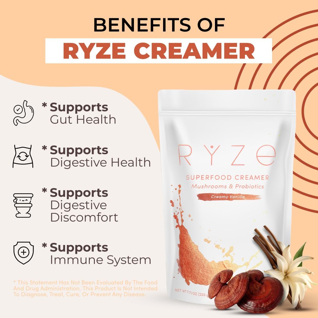 RYZE Mushroom Coffee Creamer with Probiotics & 6 Mushrooms, 30 Servings