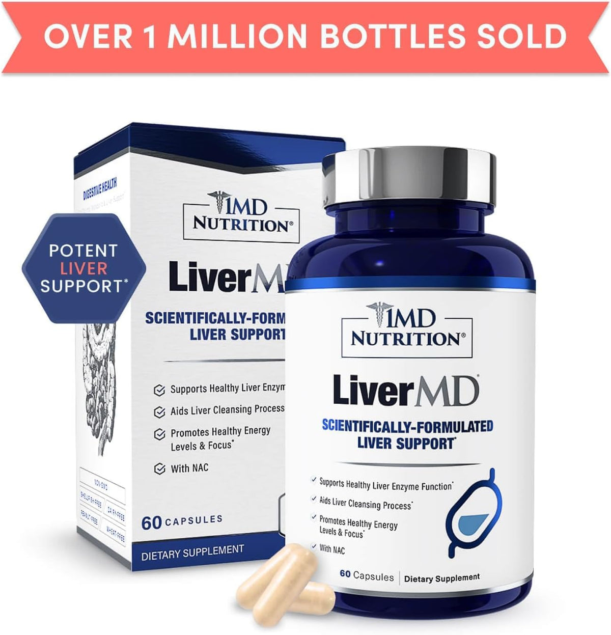 1MD Nutrition 1MD LiverMD - Liver Support Supplement | Siliphos Milk Thistle Extract - Highly Bioavailable, for Liver Support | 180 Capsules (3-Pack)