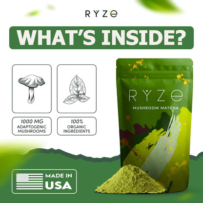 RYZE Organic Mushroom Matcha with 6 Adaptogenic Mushrooms, 30 Servings