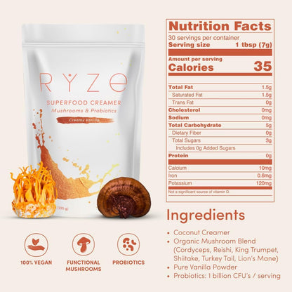 RYZE Mushroom Coffee Creamer with Probiotics & 6 Mushrooms, 30 Servings