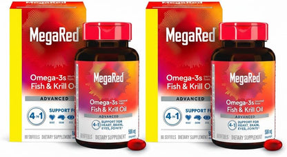 MegaRed Advanced 4-in-1 2X Concentrated 500mg Omega-3 Fish Oil & Antarctic Krill Oil with Fatty Acid, EPA/DHA Supports Heart, Brain, Joints, Eye Health 80 Count Softgels (2 Pack)