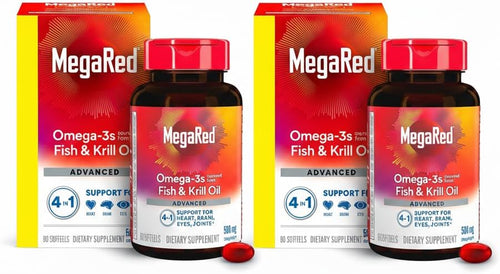 MegaRed Advanced 4-in-1 2X Concentrated 500mg Omega-3 Fish Oil & Antarctic Krill Oil with Fatty Acid, EPA/DHA Supports Heart, Brain, Joints, Eye Health 80 Count Softgels (2 Pack)
