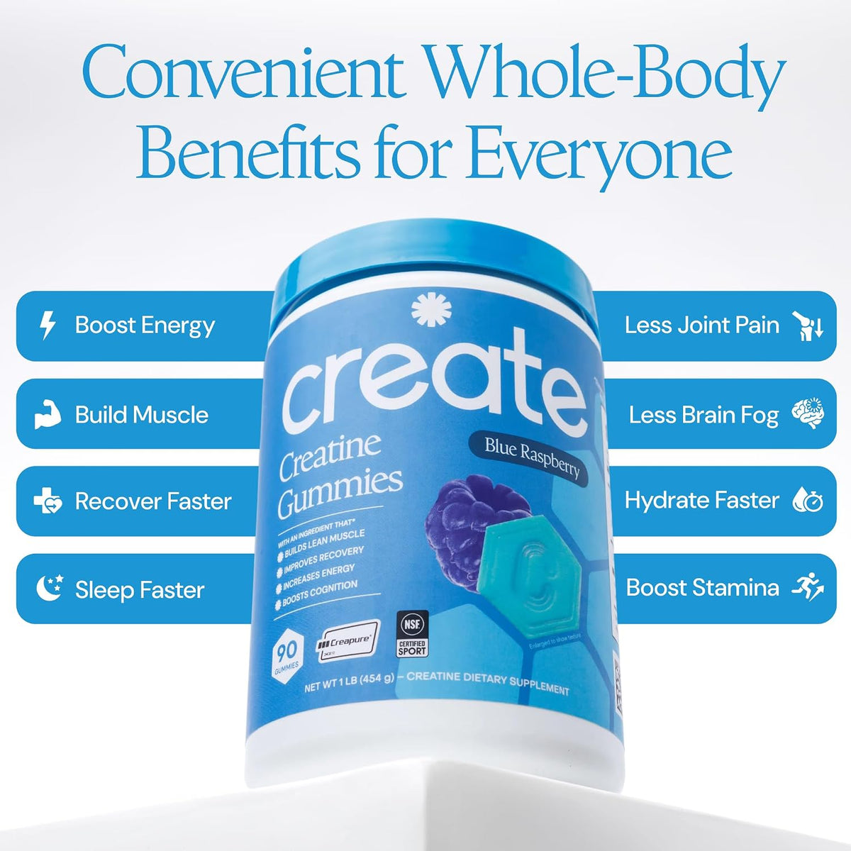 Create Creatine Monohydrate Gummies for Women and Men, Blue Raspberry, 90ct