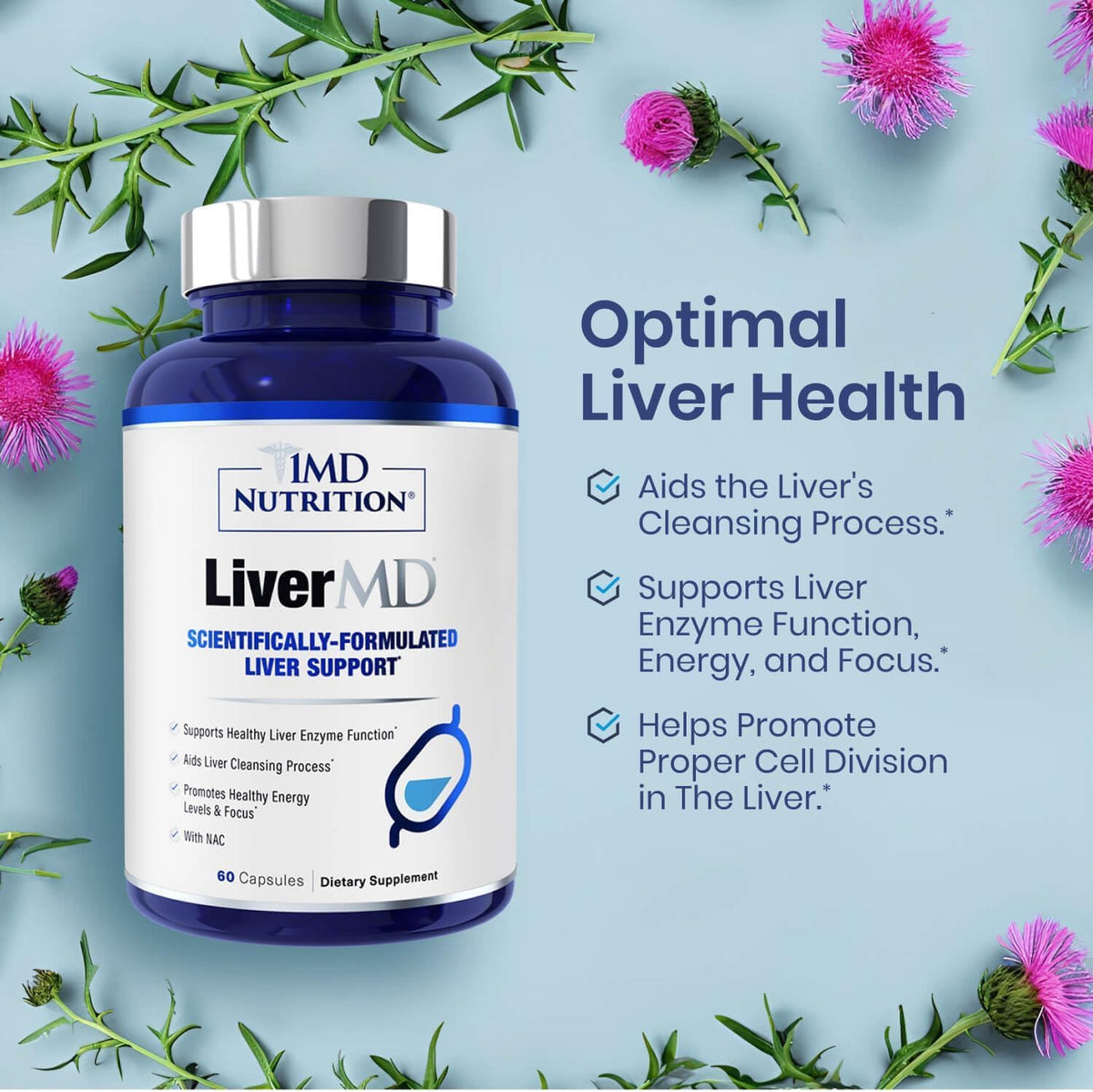 1MD Nutrition 1MD LiverMD - Liver Support Supplement | Siliphos Milk Thistle Extract - Highly Bioavailable, for Liver Support | 180 Capsules (3-Pack)