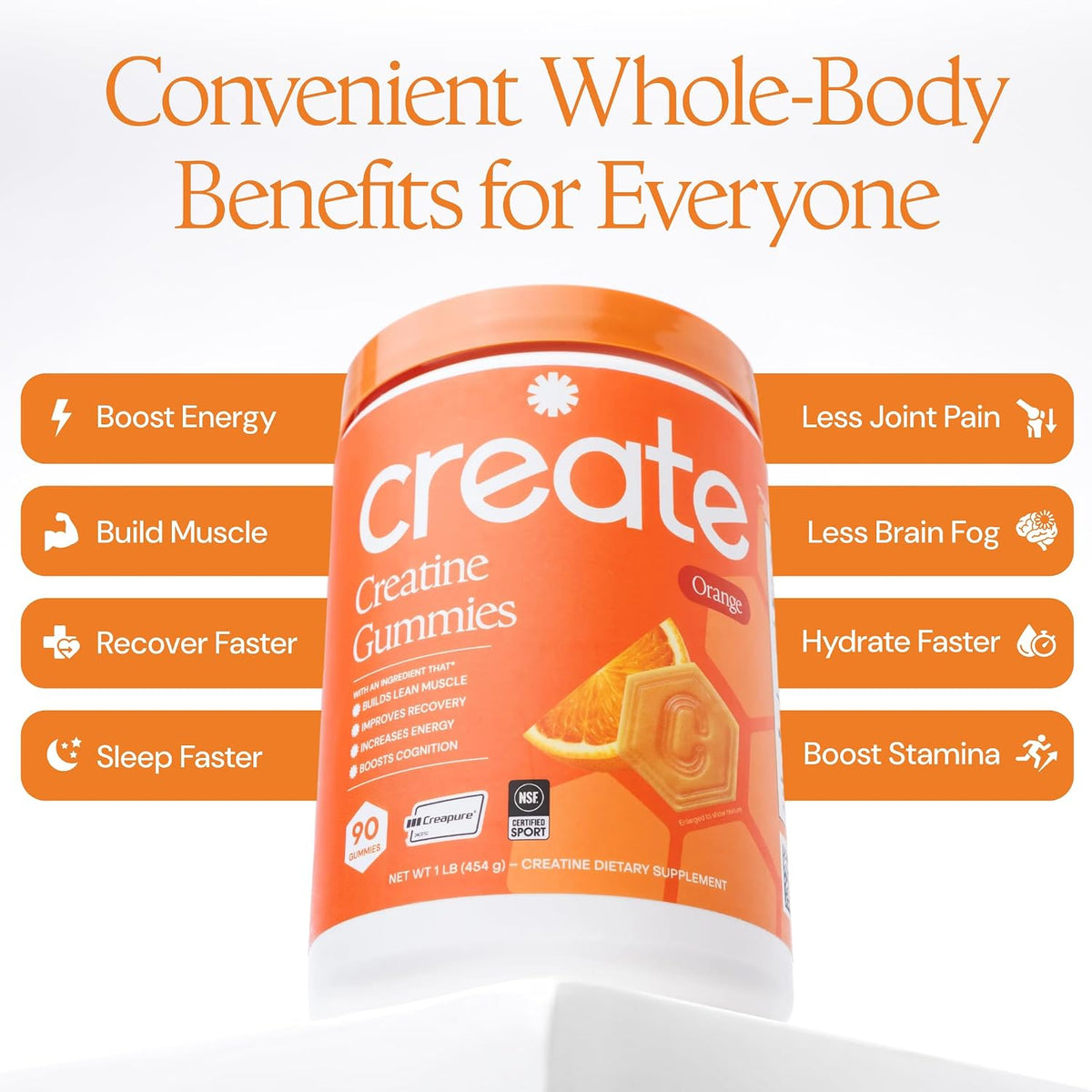 Create Creatine Monohydrate Gummies for Men & Women, Boost Focus, Strength, and Endurance, Anti-Melting Formula, Vegan, Gluten-Free, Non-GMO, 1.5g of Creatine per Gummy (Orange)