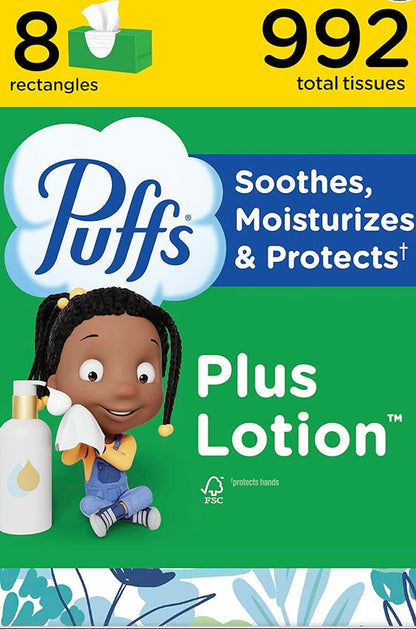 Puffs Plus Lotion Facial Tissues – 8 Family Rectangle Boxes (992 Tissues Total) | Soothing Relief for Allergies & Colds