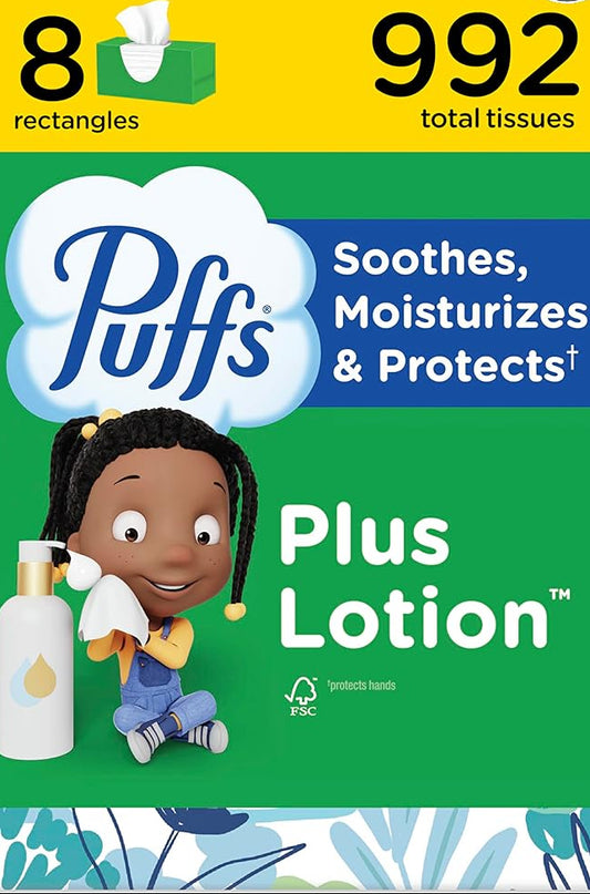 Puffs Plus Lotion Facial Tissues – 8 Family Rectangle Boxes (992 Tissues Total) | Soothing Relief for Allergies & Colds
