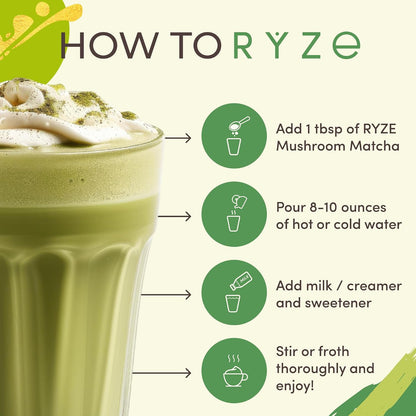 RYZE Organic Mushroom Matcha with 6 Adaptogenic Mushrooms, 30 Servings