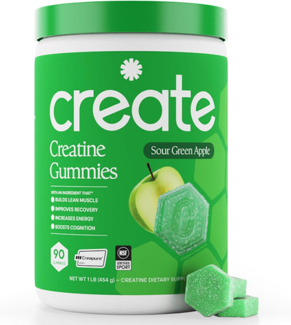 Create Creatine Monohydrate Gummies for Men & Women, Boost Focus, Strength, and Endurance, Anti-Melting Formula, Vegan, Gluten-Free, Non-GMO, 1.5g of Creatine per Gummy (Sour Green Apple)