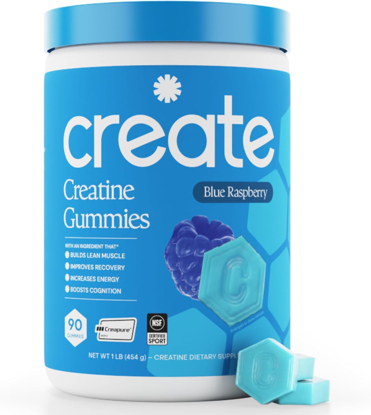 Create Creatine Monohydrate Gummies for Women and Men, Blue Raspberry, 90ct