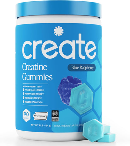 Create Creatine Monohydrate Gummies for Women and Men, Blue Raspberry, 90ct
