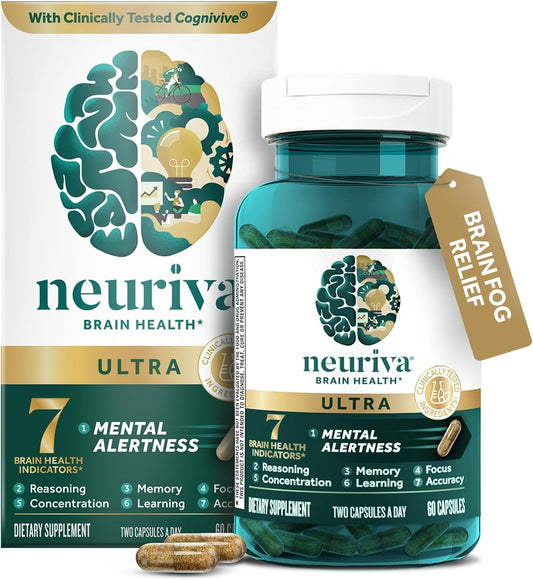 NEURIVA Ultra Brain Supplements for Memory and Focus, Phosphatidylserine, Cognivive, Neurofactor, Folic Acid, Vitamin B12 & Vitamin B6, 60 Count Capsules