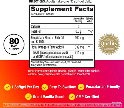 MegaRed Advanced 4-in-1 2X Concentrated 500mg Omega-3 Fish Oil & Antarctic Krill Oil with Fatty Acid, EPA/DHA Supports Heart, Brain, Joints, Eye Health 80 Count Softgels (2 Pack)