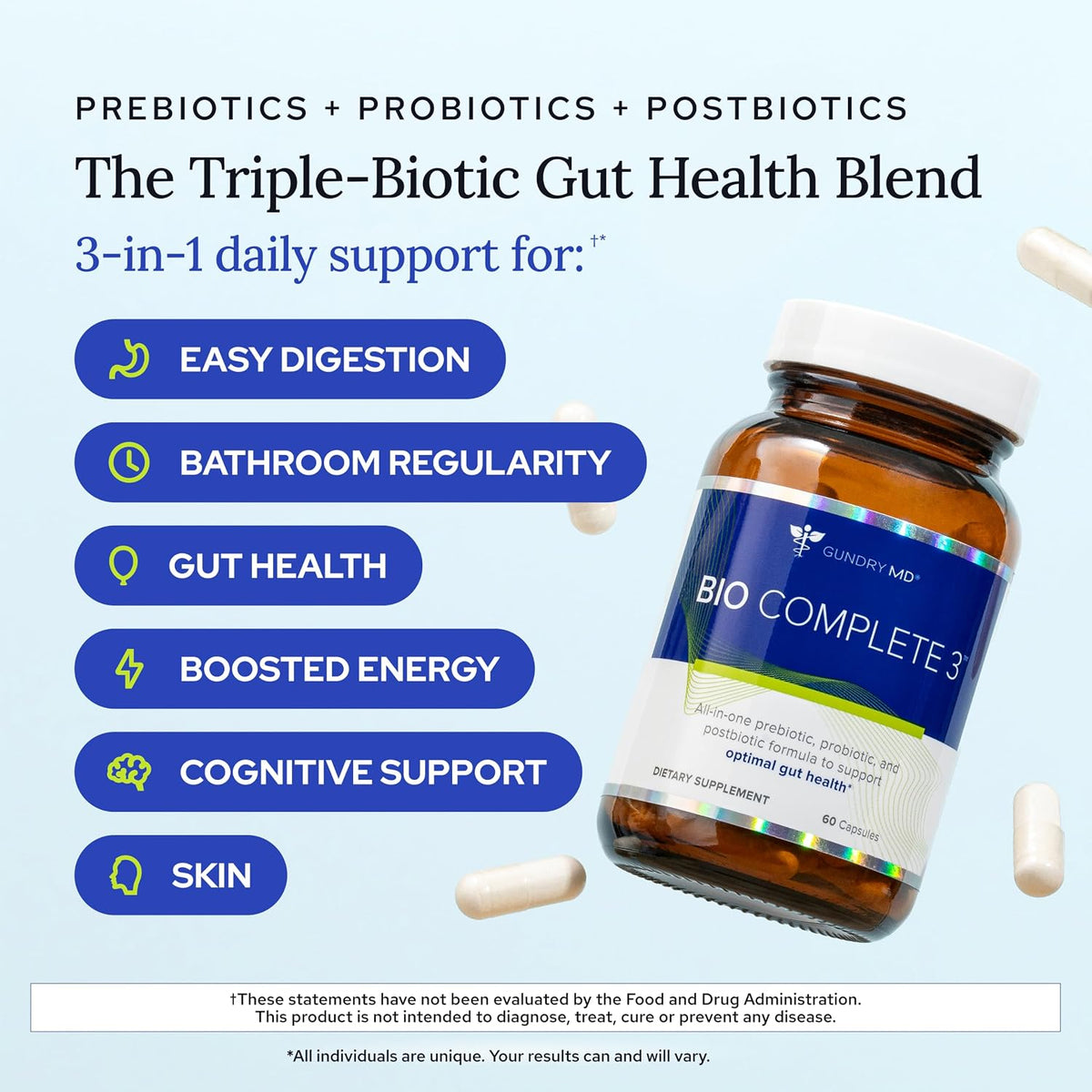 Gundry MD Bio Complete 3, 3-in-1 Probiotics, Pre & Postbiotics, 30 Servings