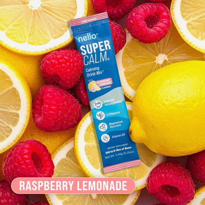 Nello Supercalm Powdered Drink Mix, Cortisol Reducer and Sleep Aid Supplement, L Theanine, Ksm-66 Ashwagandha, Magnesium Glycinate, Vitamin D 3, No Sugar, Non GMO, On The Go, 20 Ct, Raspberry Lemonade