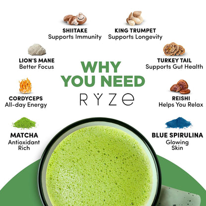RYZE Organic Mushroom Matcha with 6 Adaptogenic Mushrooms, 30 Servings