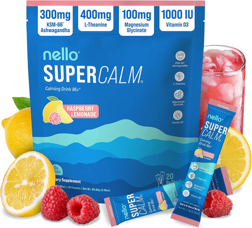 Nello Supercalm Powdered Drink Mix, Cortisol Reducer and Sleep Aid Supplement, L Theanine, Ksm-66 Ashwagandha, Magnesium Glycinate, Vitamin D 3, No Sugar, Non GMO, On The Go, 20 Ct, Raspberry Lemonade