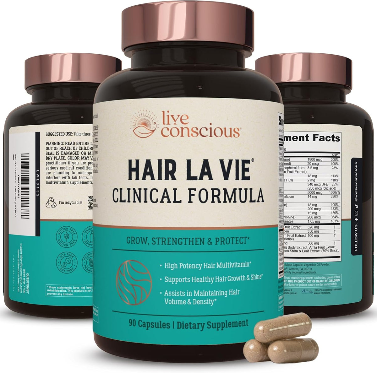 Hair La Vie Live Conscious Clinical Formula Hair Growth Vitamins for Women and Men w/Biotin, Collagen & Saw Palmetto (Pack of 1)