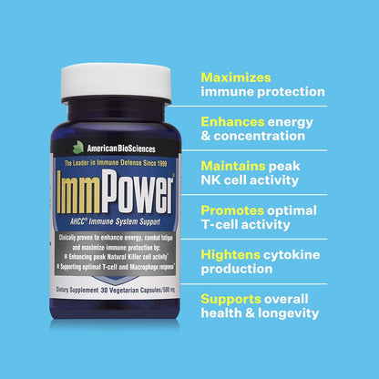 American BioSciences ImmPower AHCC Supplement, Vegetarian Capsules, Enhanced Immune Support, Natural Killer Cell Activity and Cytokine Production, 500 milligrams per Capsule (30 Count)