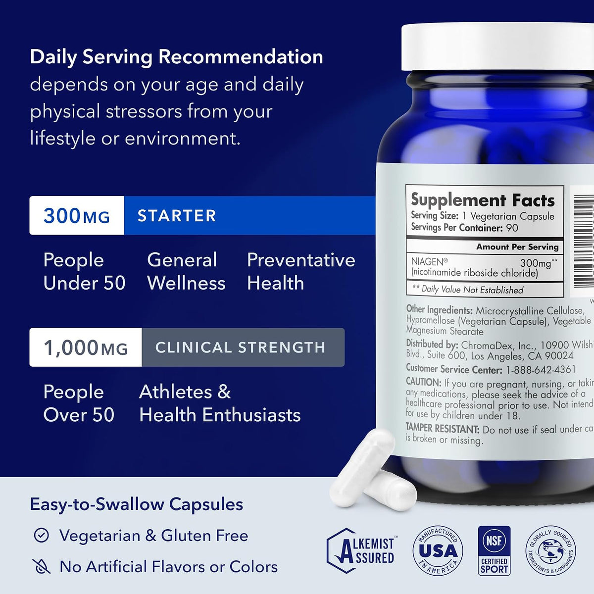 TRU NIAGEN NAD+ Supplement, Nicotinamide Riboside 300mg, 90 Daily Servings