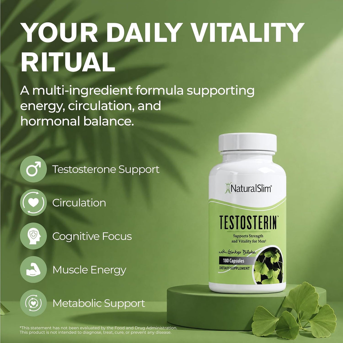 NaturalSlim Testosterin Testosterone Support with Ginkgo Biloba, 180 Capsules