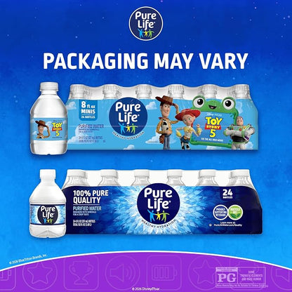 Pure Life Bottled Drinking Water, 24 Pack, 8 Fl Oz Each, Purified Water Enhanced with Minerals, Crisp Refreshing Taste, Toy Story 5 Packaging