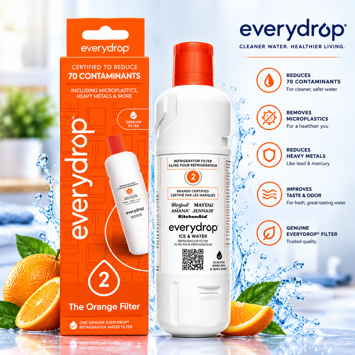 everydrop by Whirlpool Ice & Water Refrigerator Filter 2, Orange, EDR2RXD1