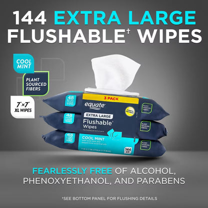 Equate Extra Large Flushable Wet Wipes, Cool Mint Scent, Fresh Cleansing Bathroom Wipes, 144 Count, 3 Pack