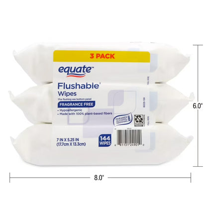 Equate Flushable Wet Wipes, Fragrance Free, Gentle Cleansing Bathroom Wipes, 144 Count, 3 Pack