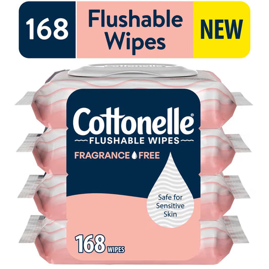 Cottonelle Fragrance Free Flushable Wet Wipes, Gentle Cleansing Bathroom Wipes, 4 Flip-Top Packs