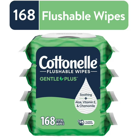 Cottonelle Gentle Plus Flushable Wet Wipes, Gentle Cleansing Bathroom Wipes, 4 Flip-Top Packs
