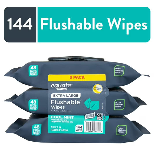 Equate Extra Large Flushable Wet Wipes, Cool Mint Scent, Fresh Cleansing Bathroom Wipes, 144 Count, 3 Pack