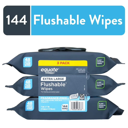 Equate Extra Large Flushable Wet Wipes, Fragrance Free, Gentle Cleansing Bathroom Wipes, 144 Count, 3 Pack