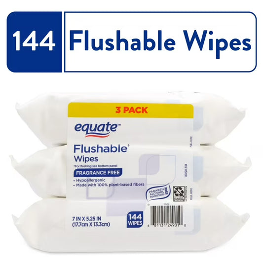 Equate Flushable Wet Wipes, Fragrance Free, Gentle Cleansing Bathroom Wipes, 144 Count, 3 Pack