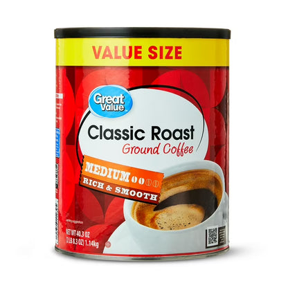 Great Value Classic Roast Ground Naturally Caffeinated Coffee, 9.6 oz Canister