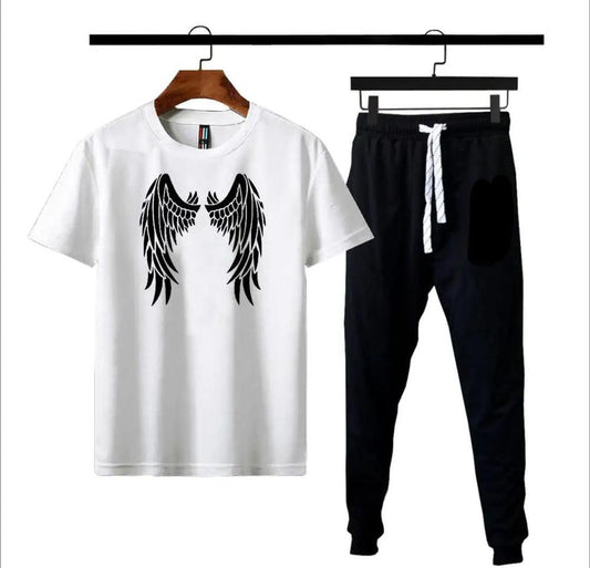 Men White Angel Wings Printed T-Shirt Set Medium to XL