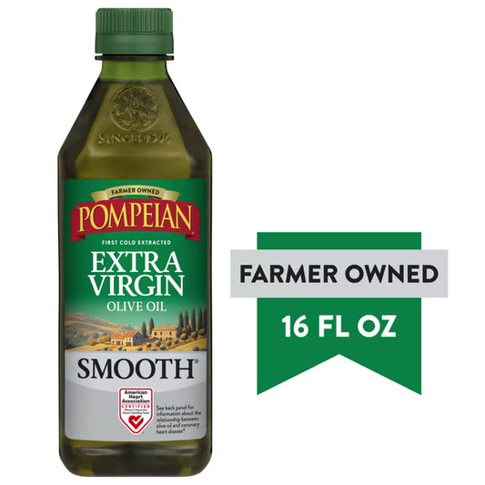 Pompeian Smooth Extra Virgin Olive Oil, Mild & Balanced Flavor, Premium Cooking Oil, 16 fl oz Bottle
