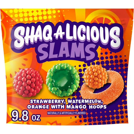 Shaq-A-Licious Slams Gummies, Fruit Flavored Chewy Gummy Candy, Soft & Chewy Assorted Fruit Flavors, 9.8 oz Bag