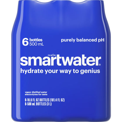 smartwater Vapor Distilled Water, 16.9 fl oz Bottles, 6 Pack, Premium Purified Water with Electrolytes for Taste