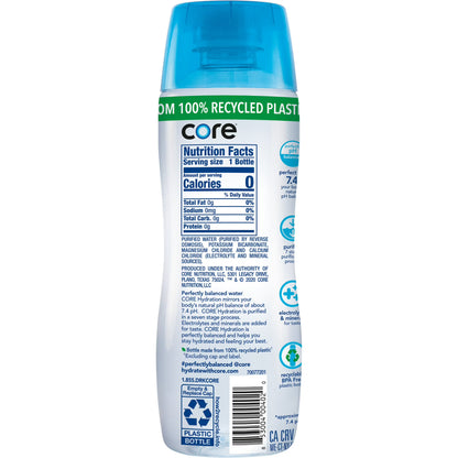 CORE Hydration Perfectly Balanced Water, 20 fl oz Bottle, pH 7.4, Purified Water with Electrolytes & Minerals, Cup Cap