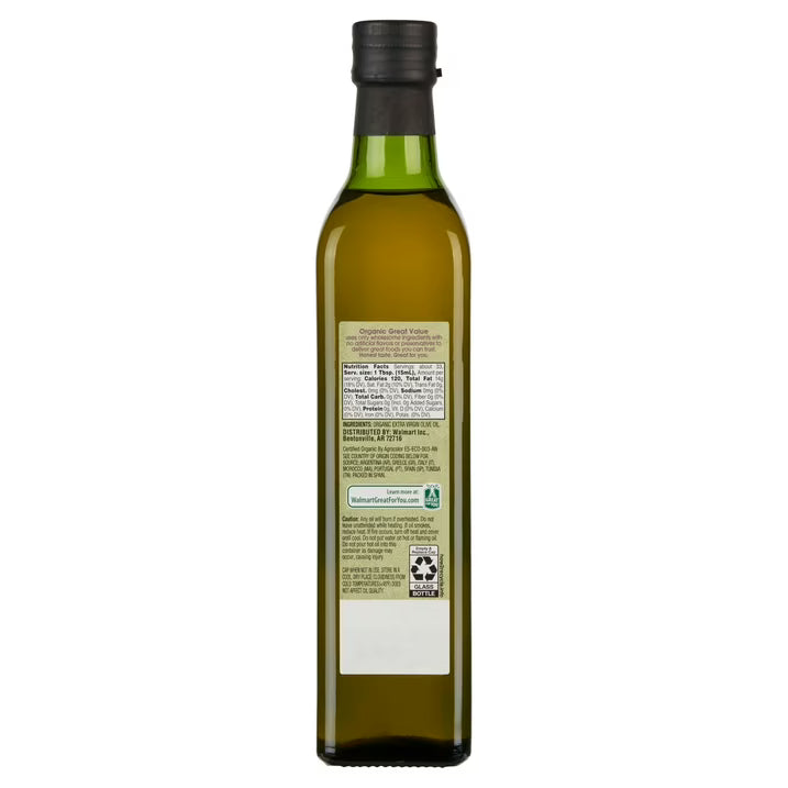 Great Value Organic Extra Virgin Olive Oil, 17 fl oz Bottle, Premium Organic Olive Oil for Cooking, Dressings & More