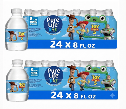 Pure Life Bottled Drinking Water, 24 Pack, 8 Fl Oz Each, Purified Water Enhanced with Minerals, Crisp Refreshing Taste, Toy Story 5 Packaging